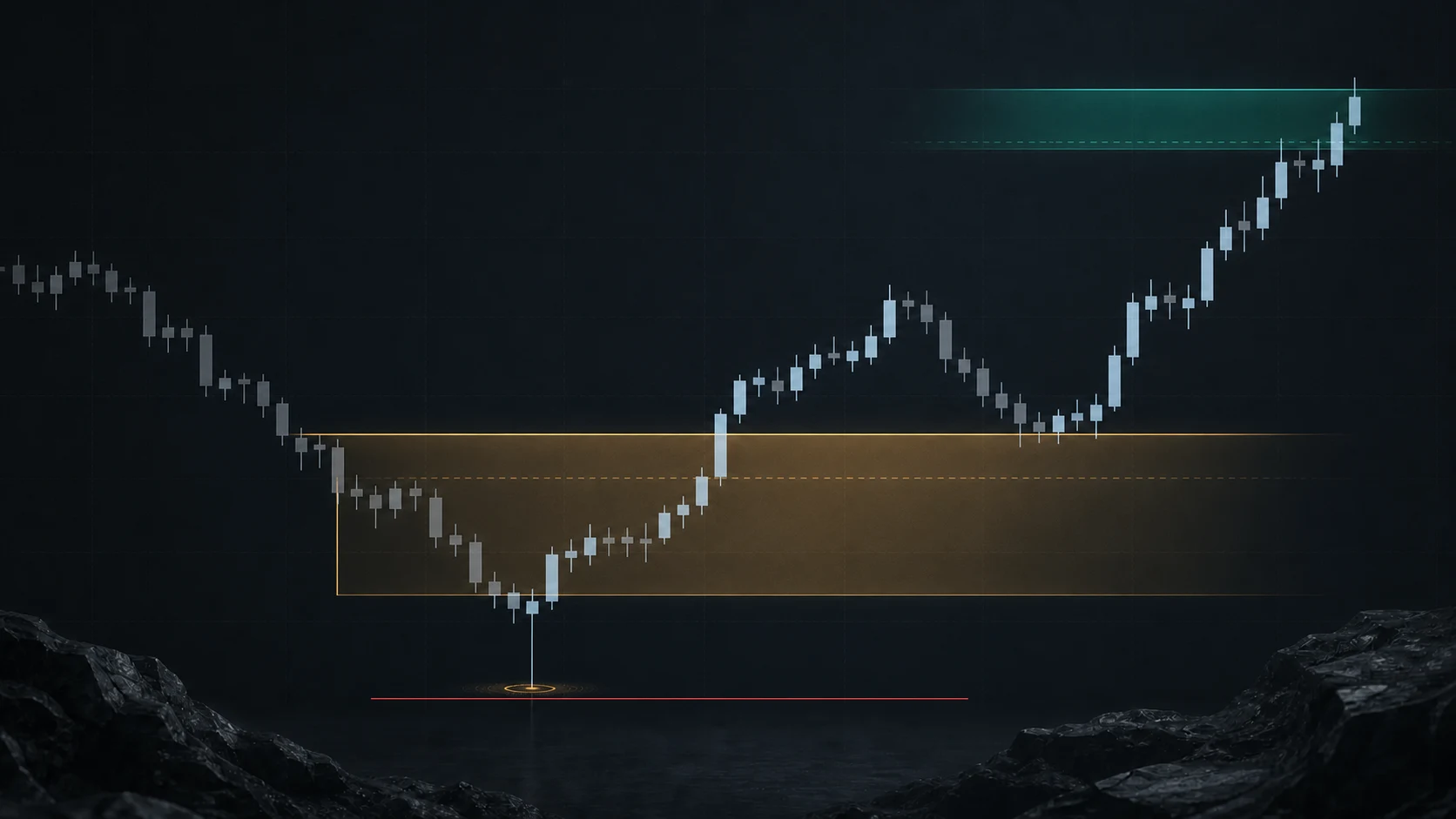 Stylized bullish C2 order-block chart with a sweep low, paired CISD displacement, an amber confirmed reversal block, red invalidation, a later retest, and a teal objective